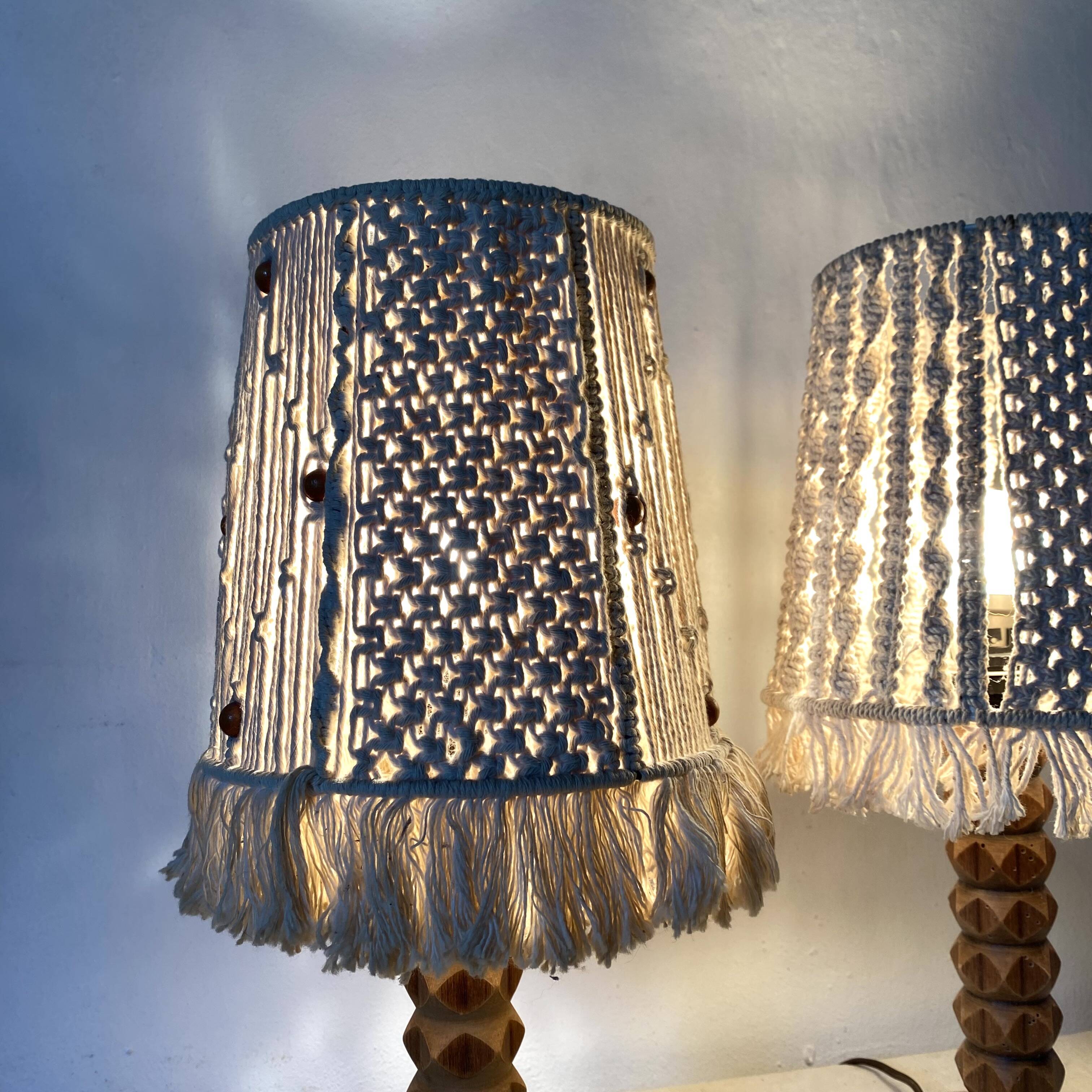 Pair of carved wood and macramé bedside lamps