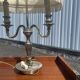 Two-armed hot water bottle lamp in silver metal with fringed fabric shade