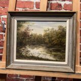 Painting depicting a lake in the middle of the forest