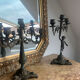 Set of 3 antique three-branch candelabras with cherubs and bronze patina.