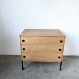 Three-drawer commode ARP — Minvielle, oak and lacquered metal, France, years