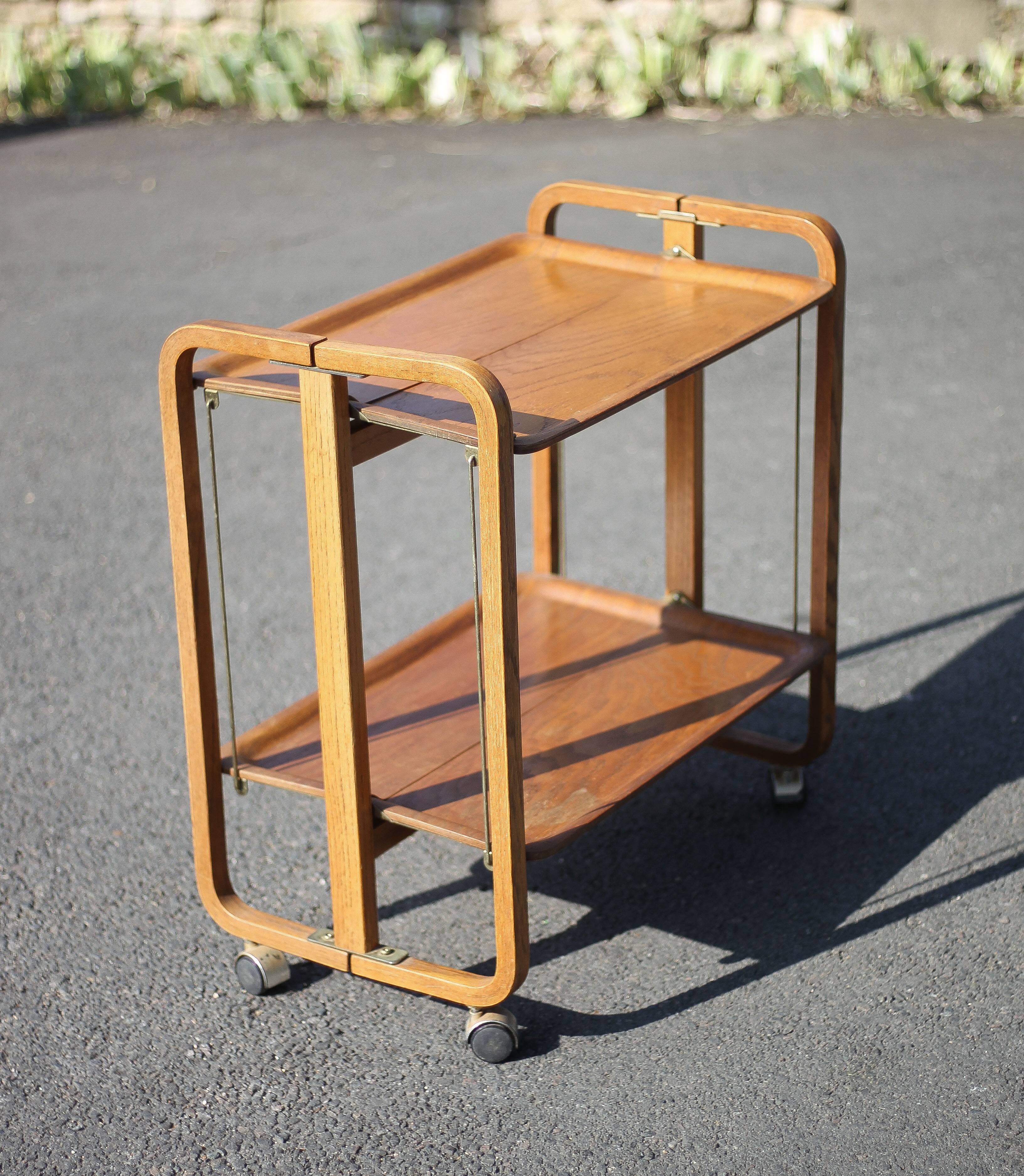 Vintage serving trolley, folding trolley, thermoformed wooden serving trolley