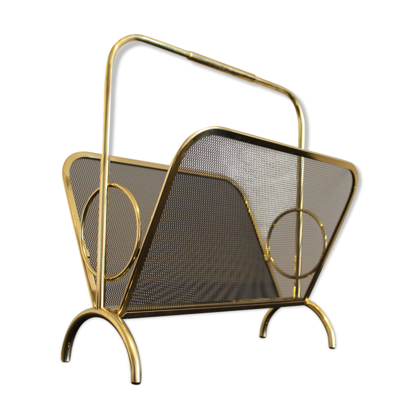 Magazine rack in brass and black lacquered metal, Italy 1970s
