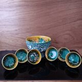 Salad bowl and its 6 Lava Green bowls in Vallauris style.