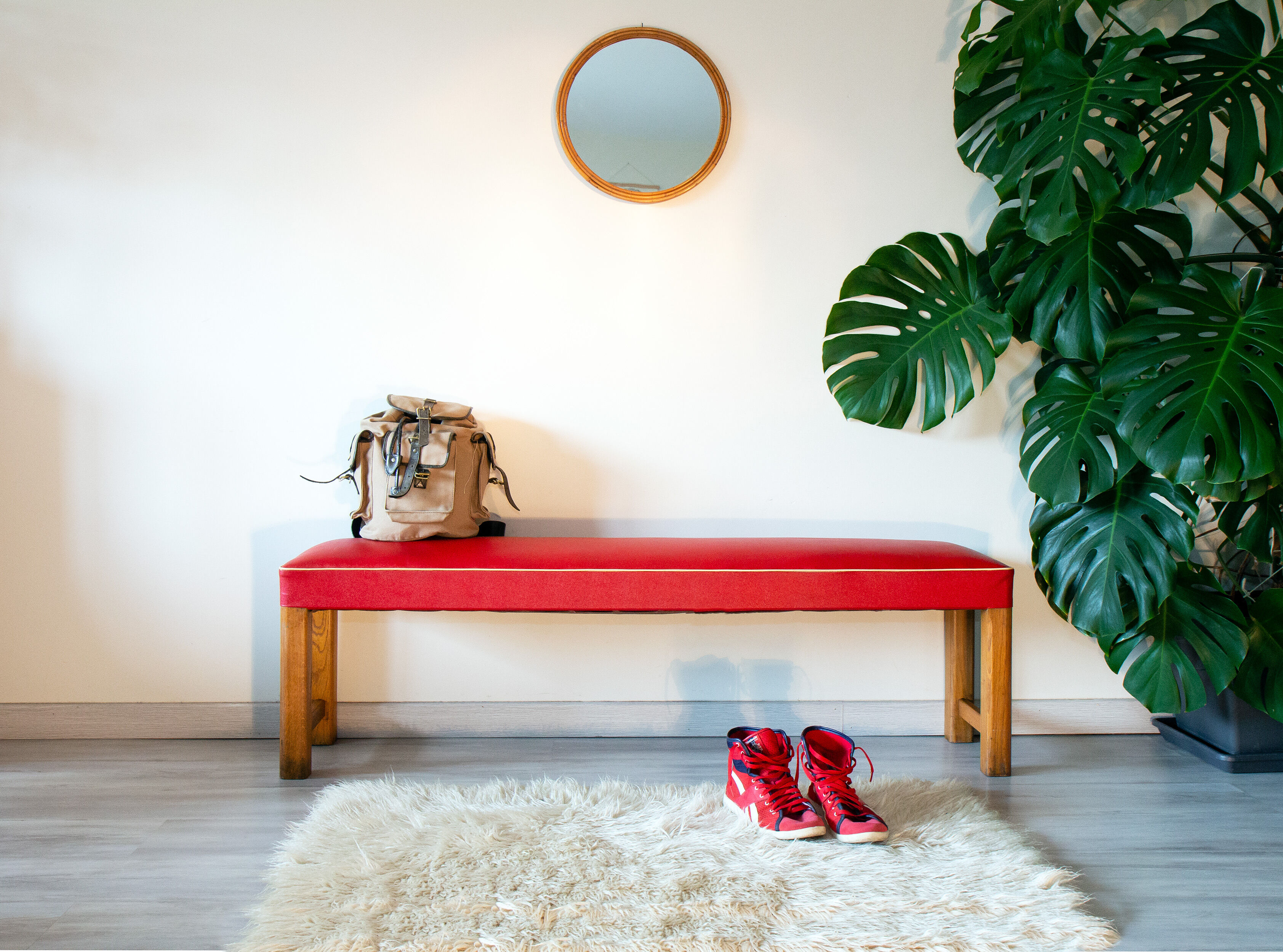 50s bench, wood and vinyl