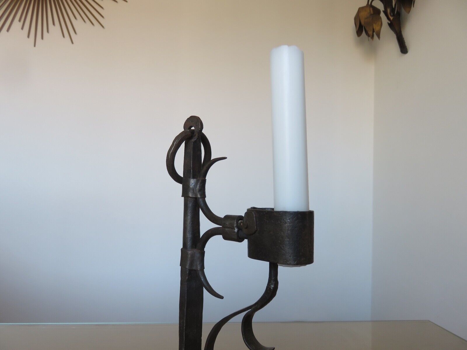 Brutalist candle holder to install or wall in blackened wrought iron blackened 40s 50s