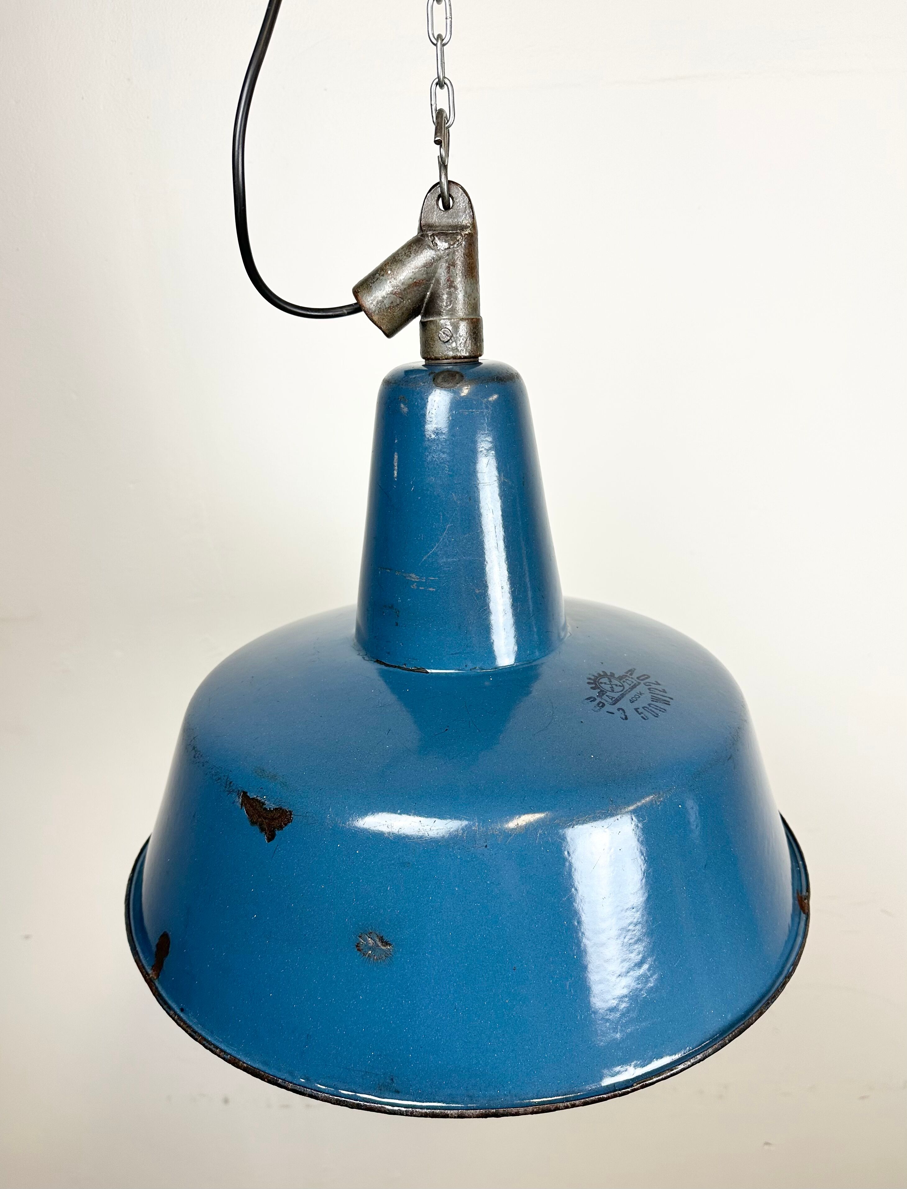 Industrial blue enamel factory lamp with cast iron top, 1960s