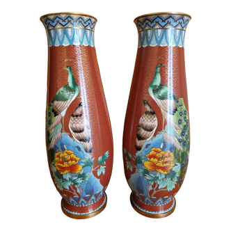 Pair of cloisonné vases symmetrical peacock patterns