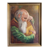 Oil painting on wood old man mandolin player