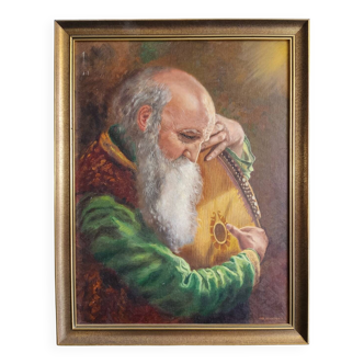 Peinture à l'huile sur bois "Vieil homme joueur de mandoline"