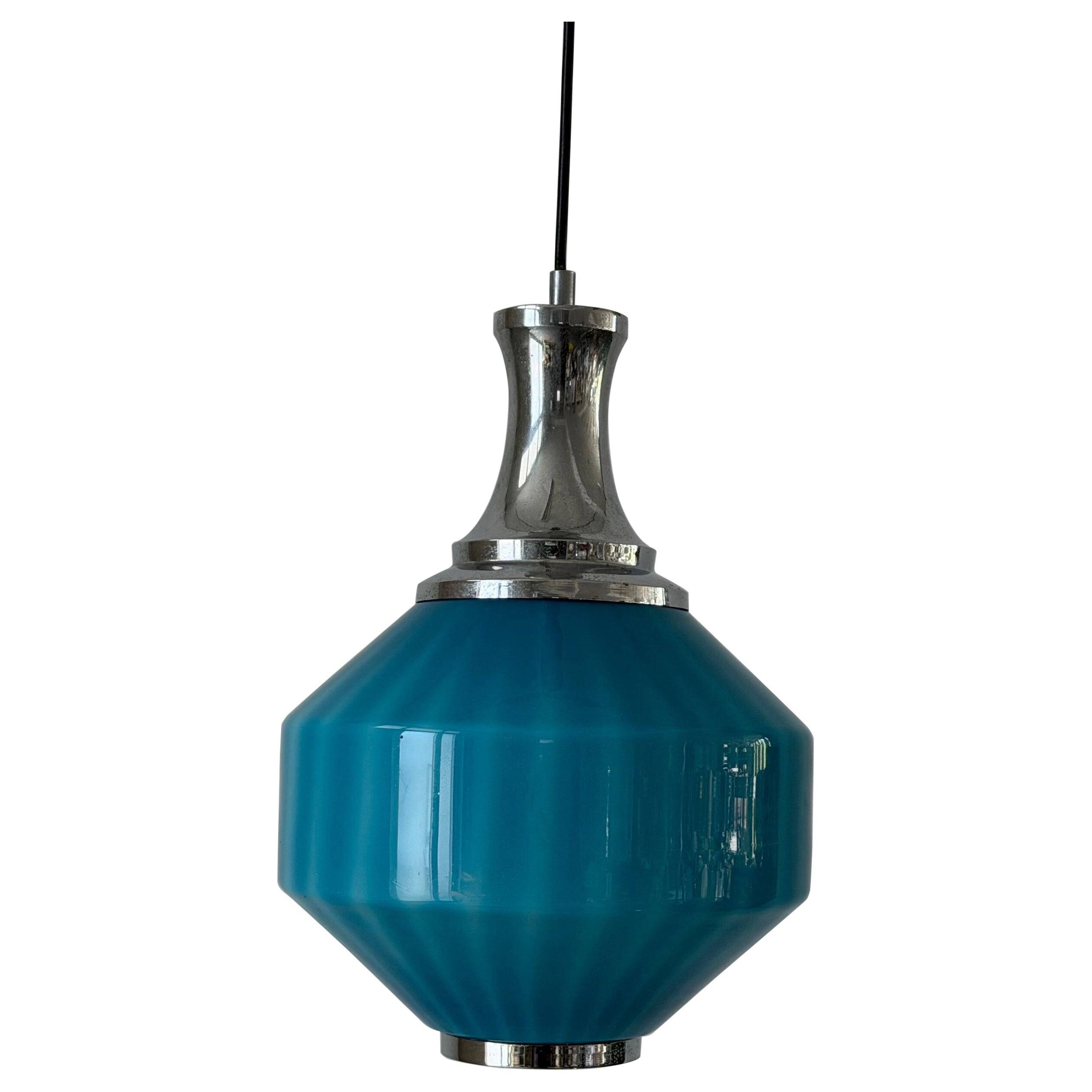 Blue glass ceiling light with a chrome frame, 1960s, Germany.