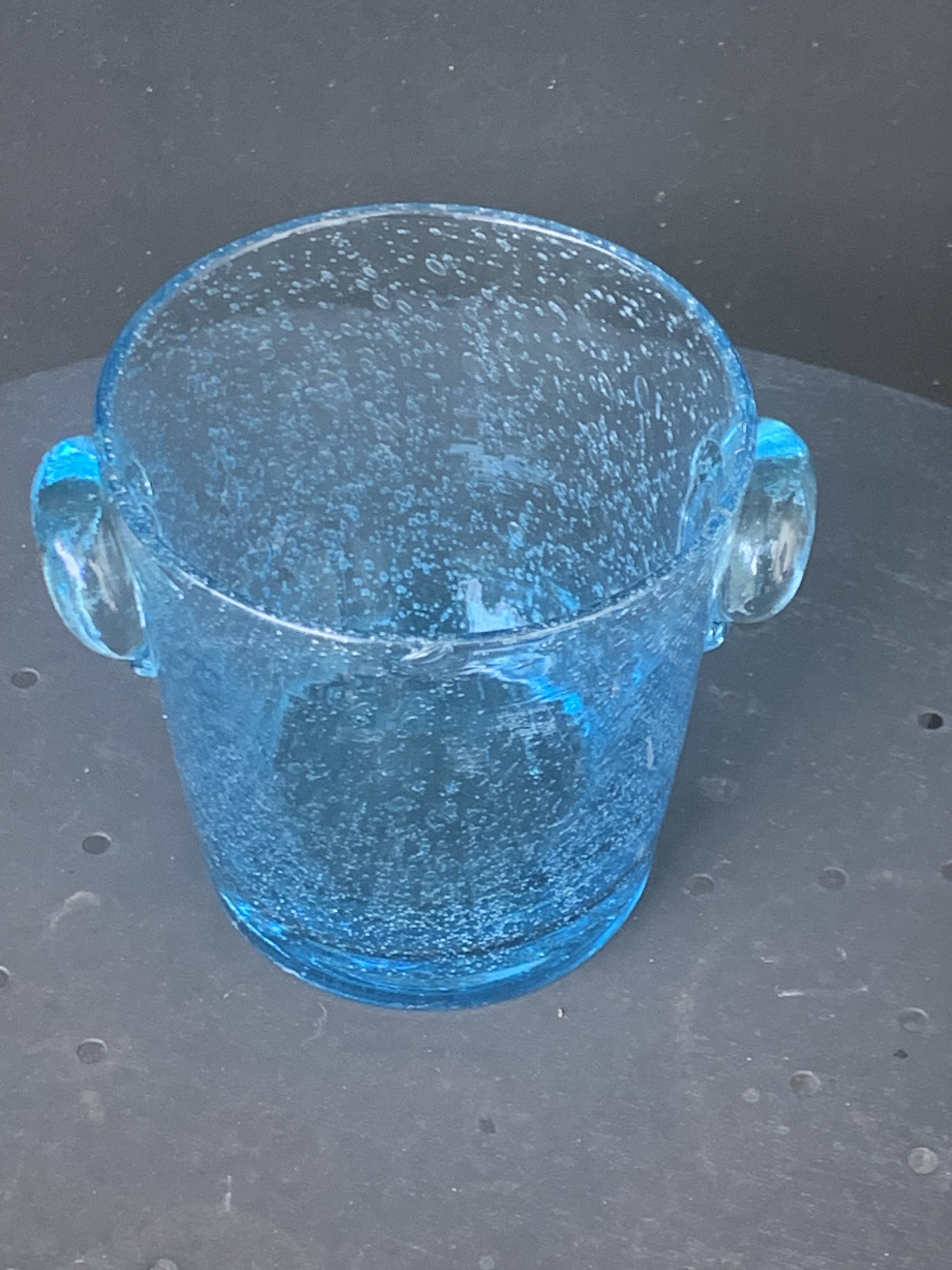 Vintage Biot Blue Blown Glass Ice Bucket