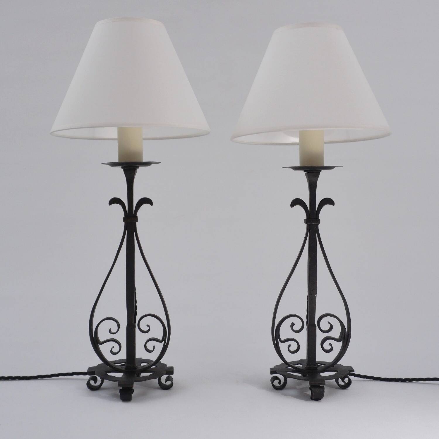 Arts & Crafts pair antique wrought iron table lamps 1920's English, rewired