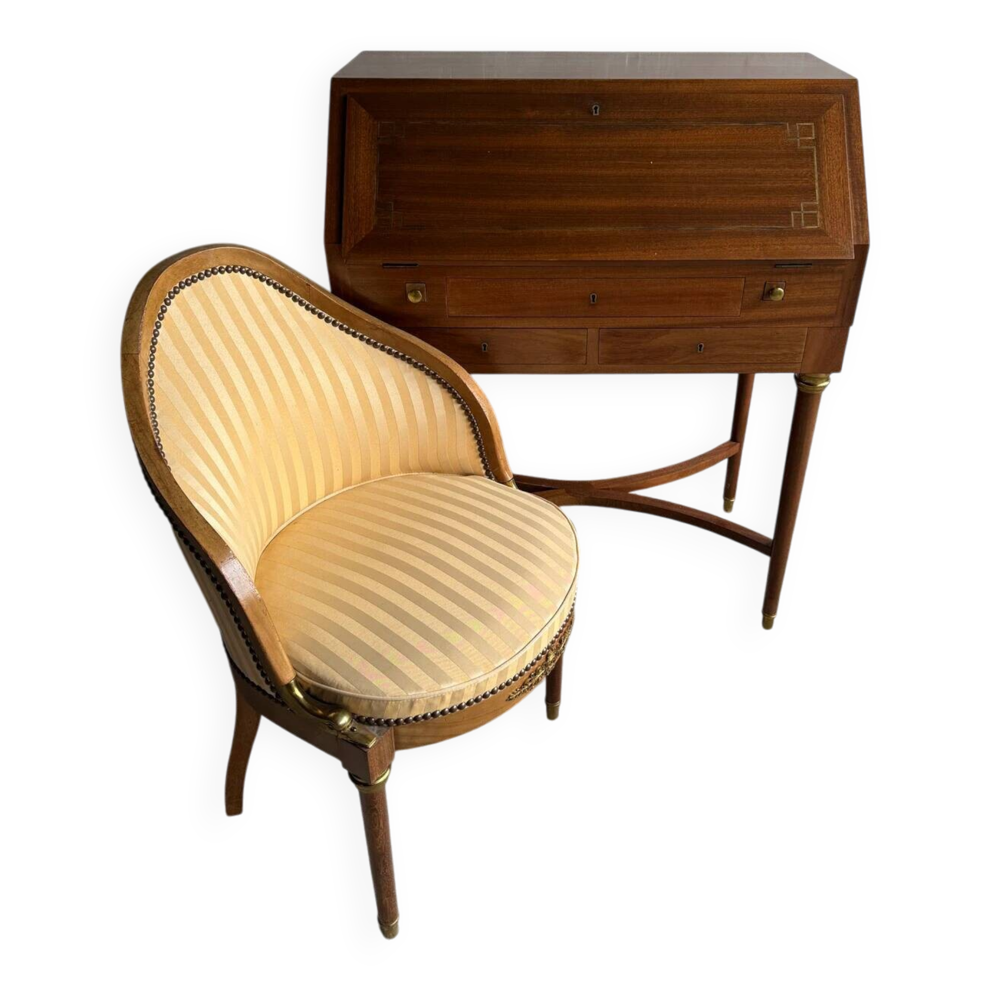DeCoene antique wood writing desk with beige striped upholstered chair, brass-accented classic set