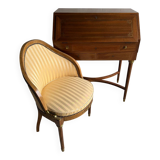 DeCoene antique wood writing desk with beige striped upholstered chair, brass-accented classic set