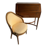 DeCoene antique wood writing desk with beige striped upholstered chair, brass-accented classic set