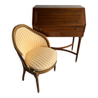 DeCoene antique wood writing desk with beige striped upholstered chair, brass-accented classic set