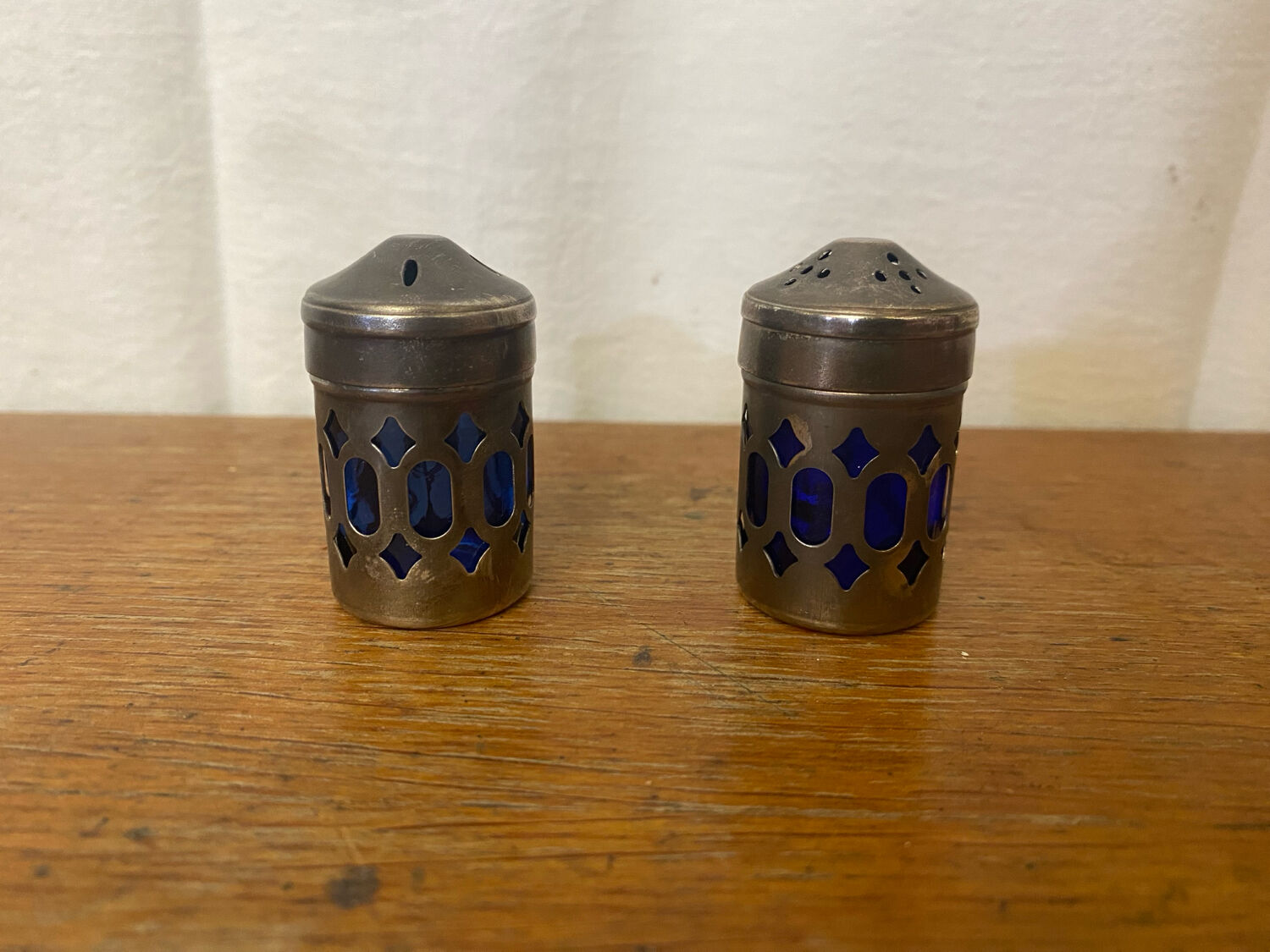 Pair of Antique Silver Metal Salt Cellars + Cobalt Blue Glass Salt and Pepper Shakers