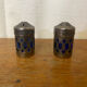 Pair of Antique Silver Metal Salt Cellars + Cobalt Blue Glass Salt and Pepper Shakers