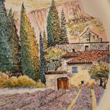 Decorative flat plate in Castelroux porcelain. Provencal scene, Landscape of Provence France