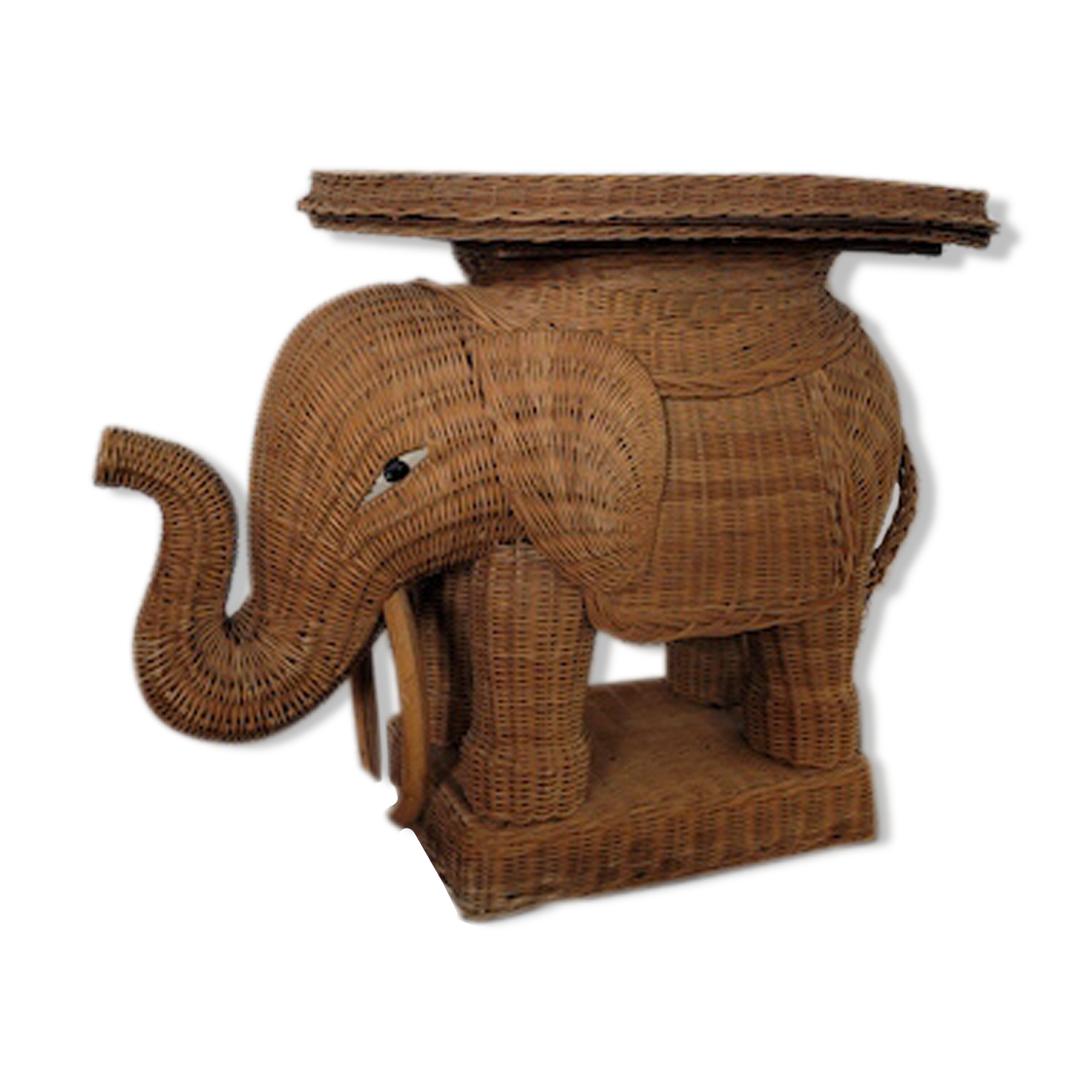 Table D'Appoint Éléphant En Rotin Ancien – Bout De Canapé Osier (Gris)