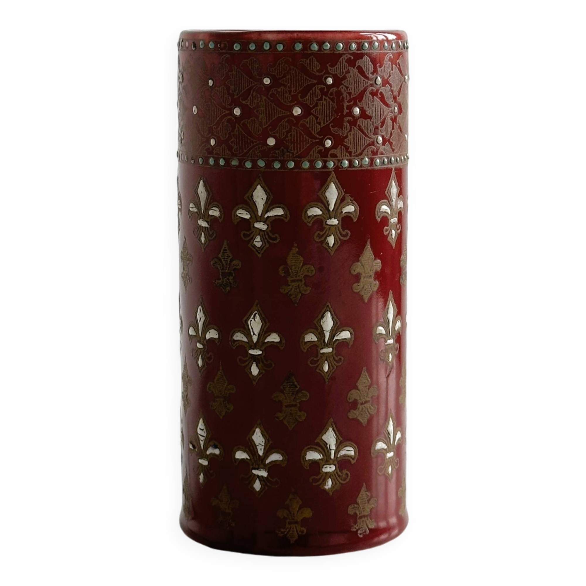 Small antique roller vase in red enamelled ceramic