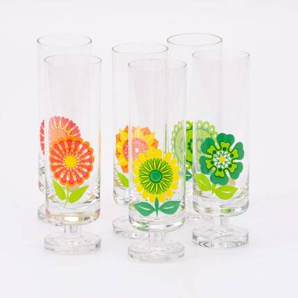 Set of 6 vintage pop art glasses with multicoloured flowers - 1970s