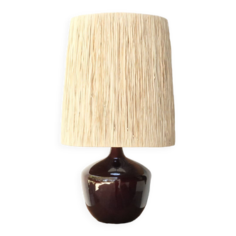 Lampe en céramique marron, abat-jour en raphia, années 70