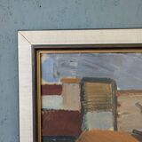 Mid-Century Modern Swedish "City Blocks" Vintage Abstract Oil Painting, Framed