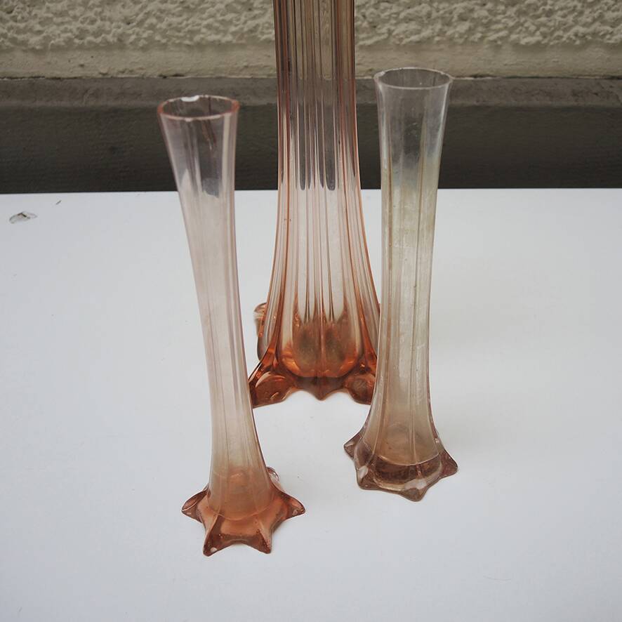 3 antique pink glass eiffel tower vases