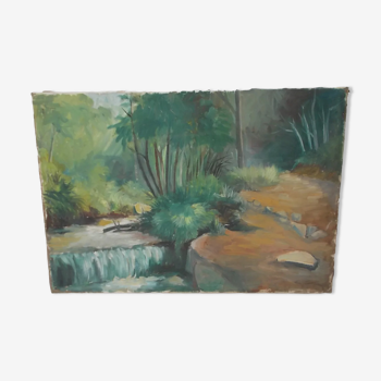 Tableau paysage huile sur toile rivière 55 X 38cm
