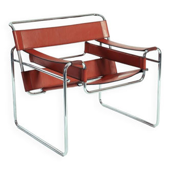 Fauteuil lounge Wassily b3 en cuir marron par Marcel Breuer