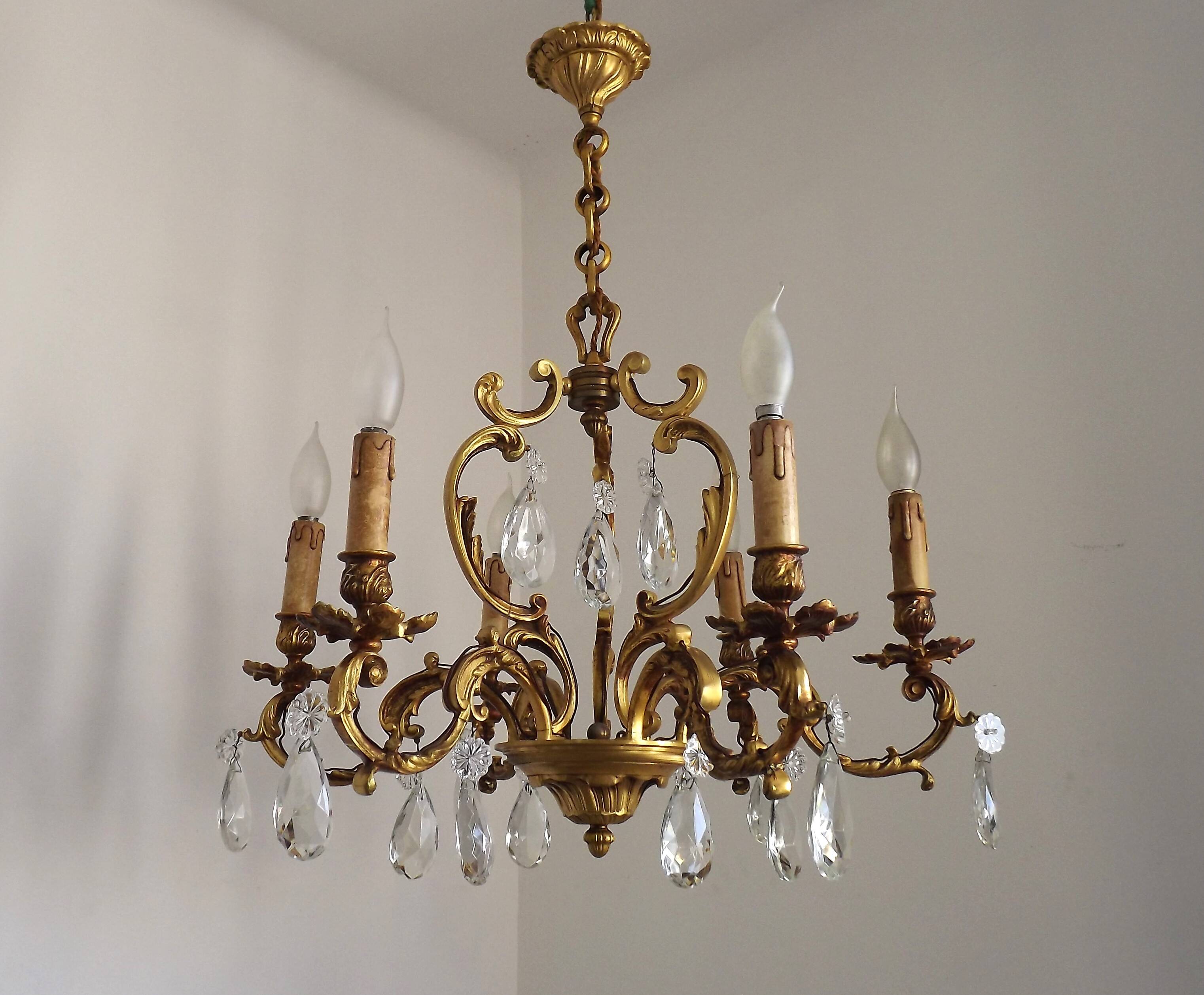 Large Heavy French Art Nouveau 6-Light Brass & Crystal Cage Chandelier