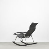 Vintage Mid-Century Postmodern Minimalist Black Leather Rocking Chair by Takeshi Nii, 1950s