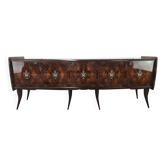 Buffet en acajou du milieu du siècle avec verre teal et compartiments avec tiroir.