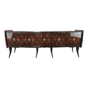 Buffet en acajou du milieu du siècle avec verre teal et compartiments avec tiroir.