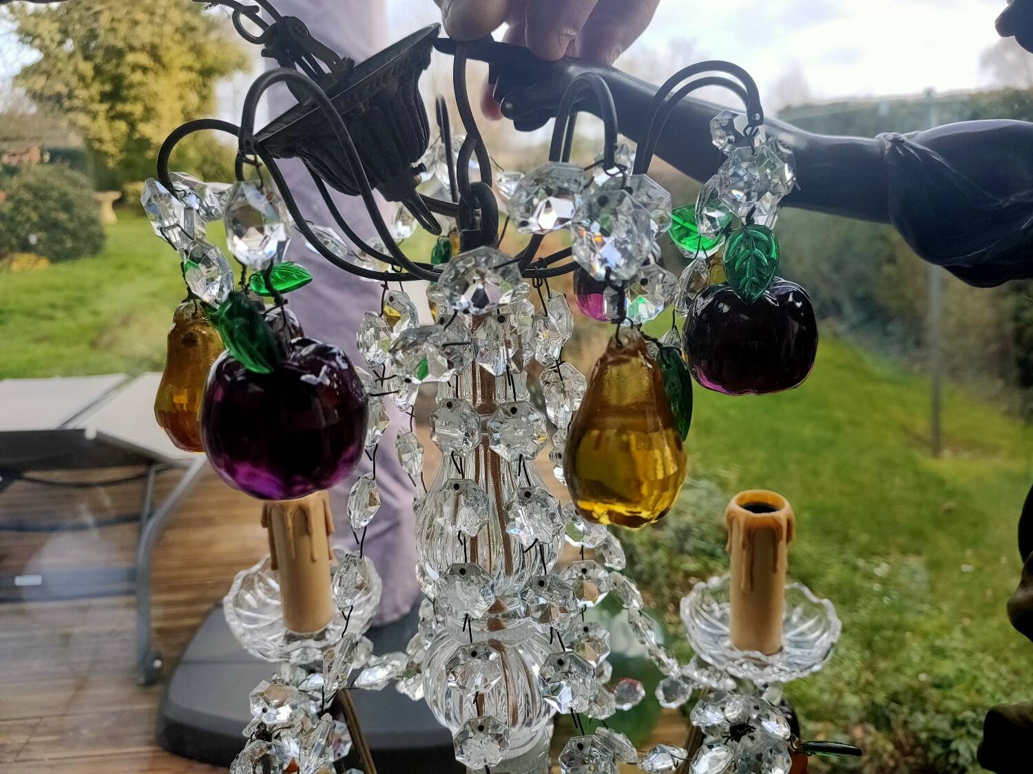 Golden bronze chandelier with fruit pendants