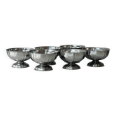 Set of 6 silver stainless steel ice cream bowls on a stand.