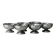Set of 6 silver stainless steel ice cream bowls on a stand.