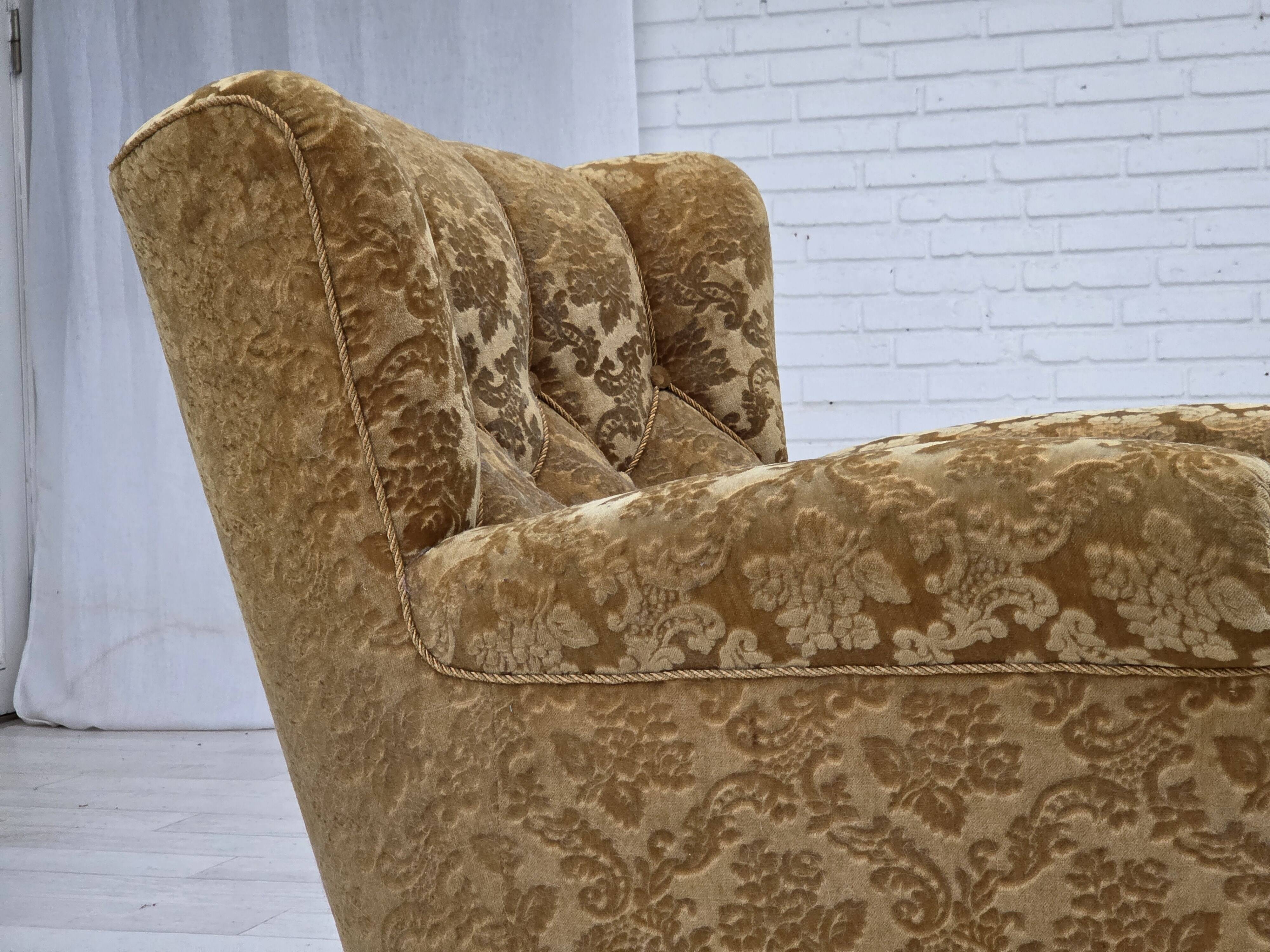 1950s, Danish relax armchair, furniture velour, carved oak wood.