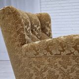 1950s, Danish relax armchair, furniture velour, carved oak wood.