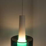 Suspension vintage en 2 élements opaline blanche et verre transparent vert