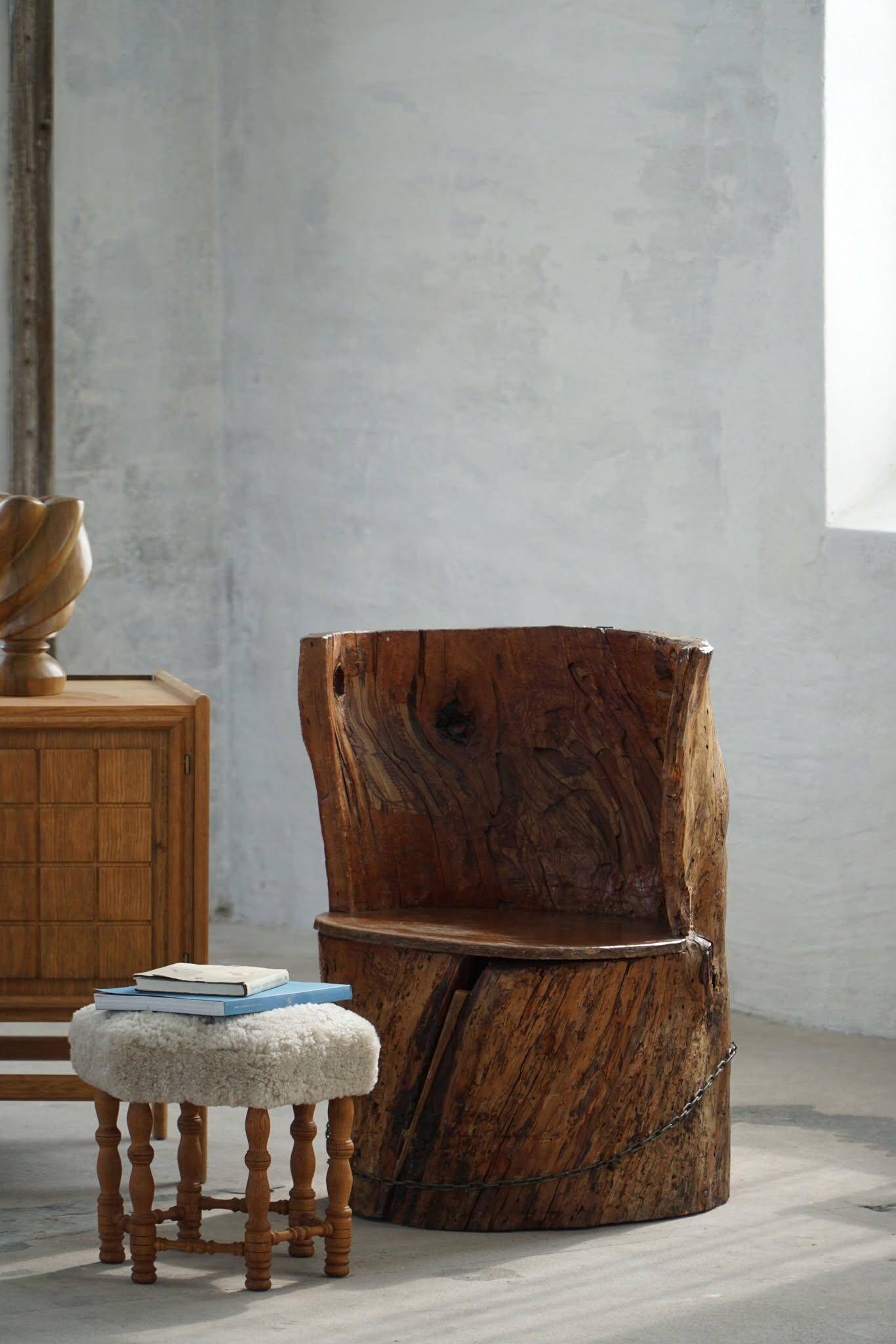 Chair made from hand-carved pine with storage, modern Swedish style, wabi-sabi, 1900s.