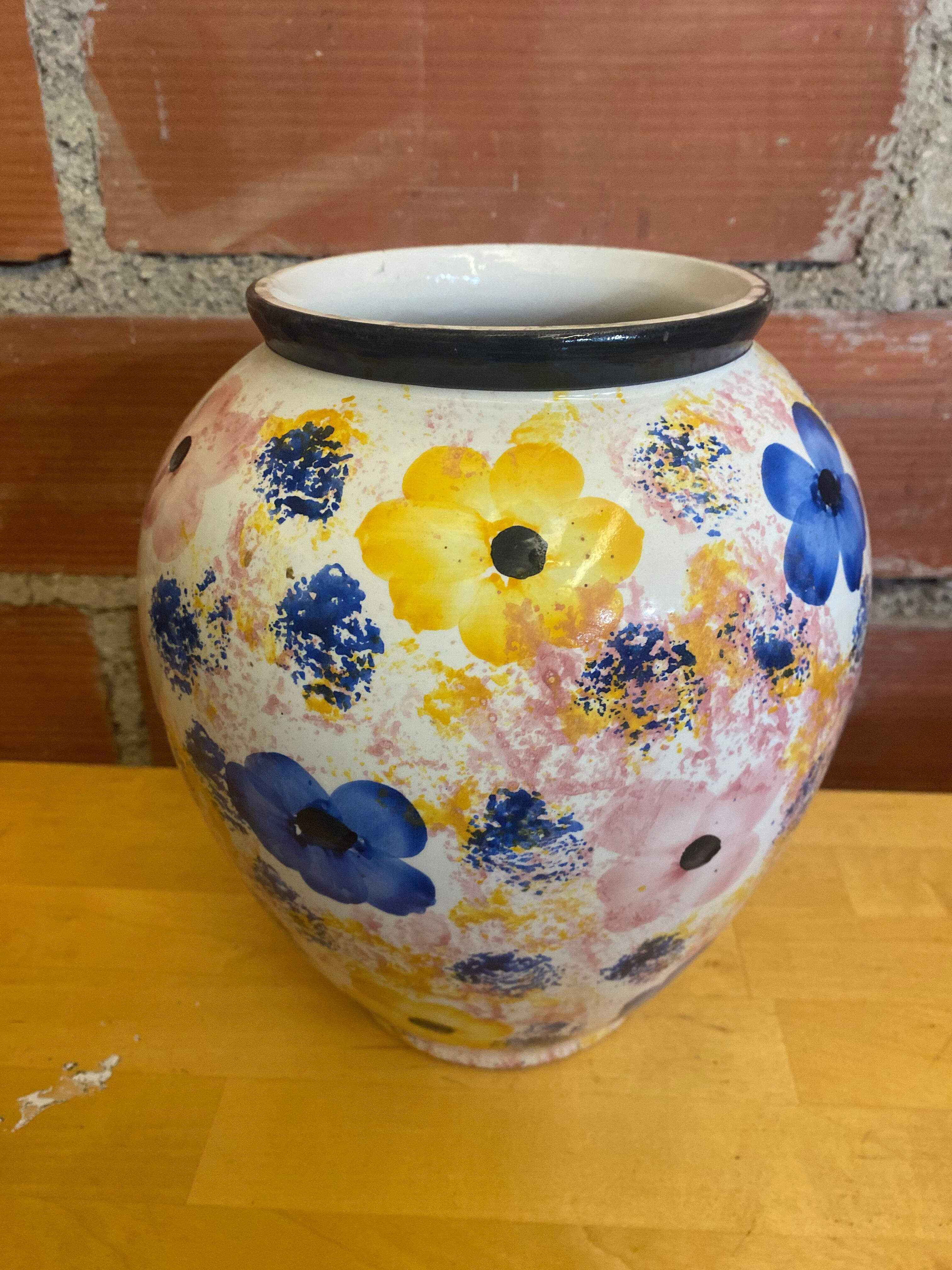 Vintage White Ceramic Round Vase with Polychrome Flower Decoration #D