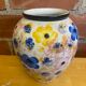 Vintage White Ceramic Round Vase with Polychrome Flower Decoration #D