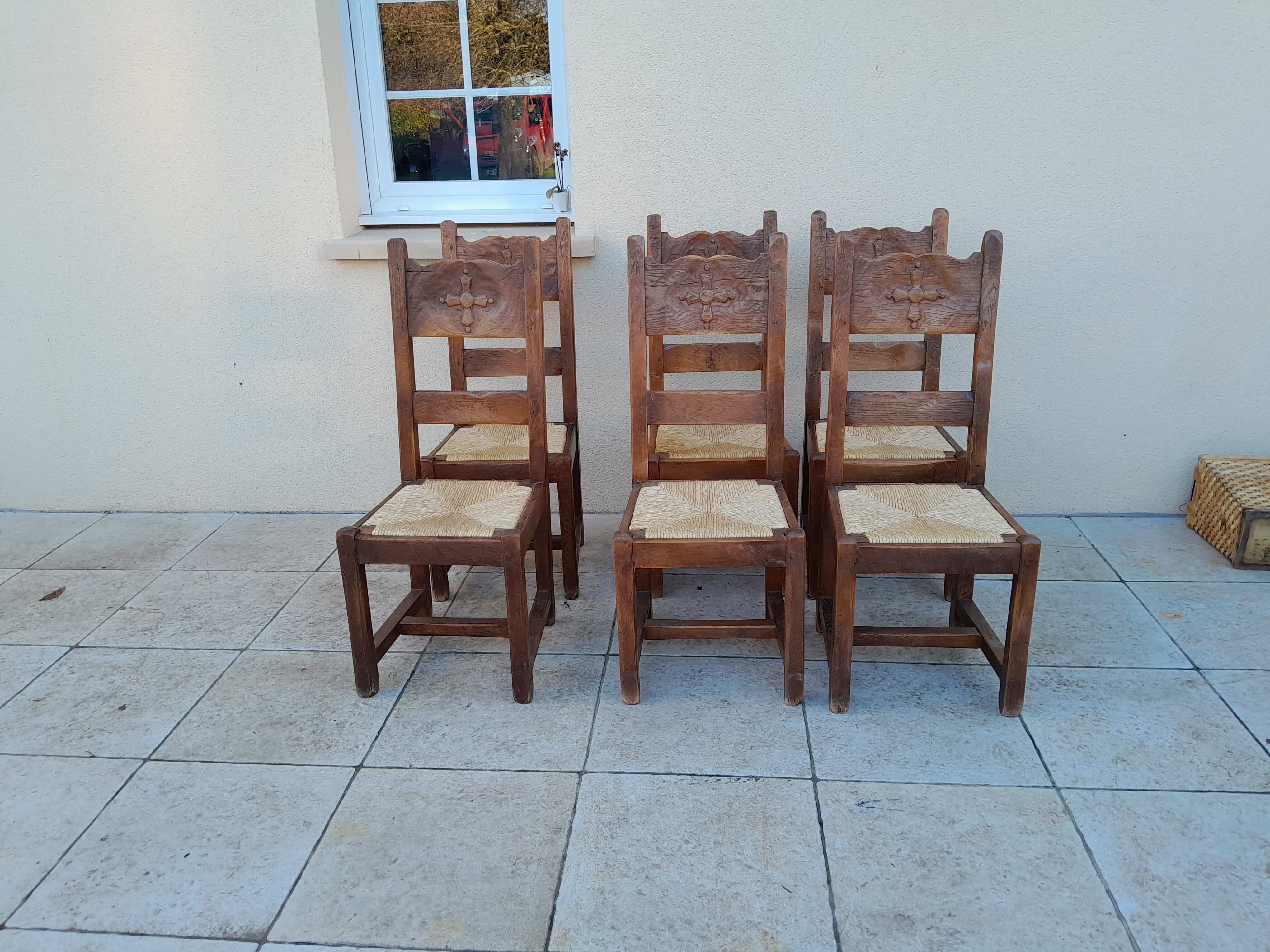 6 old oak chairs, brutalist wood, straw