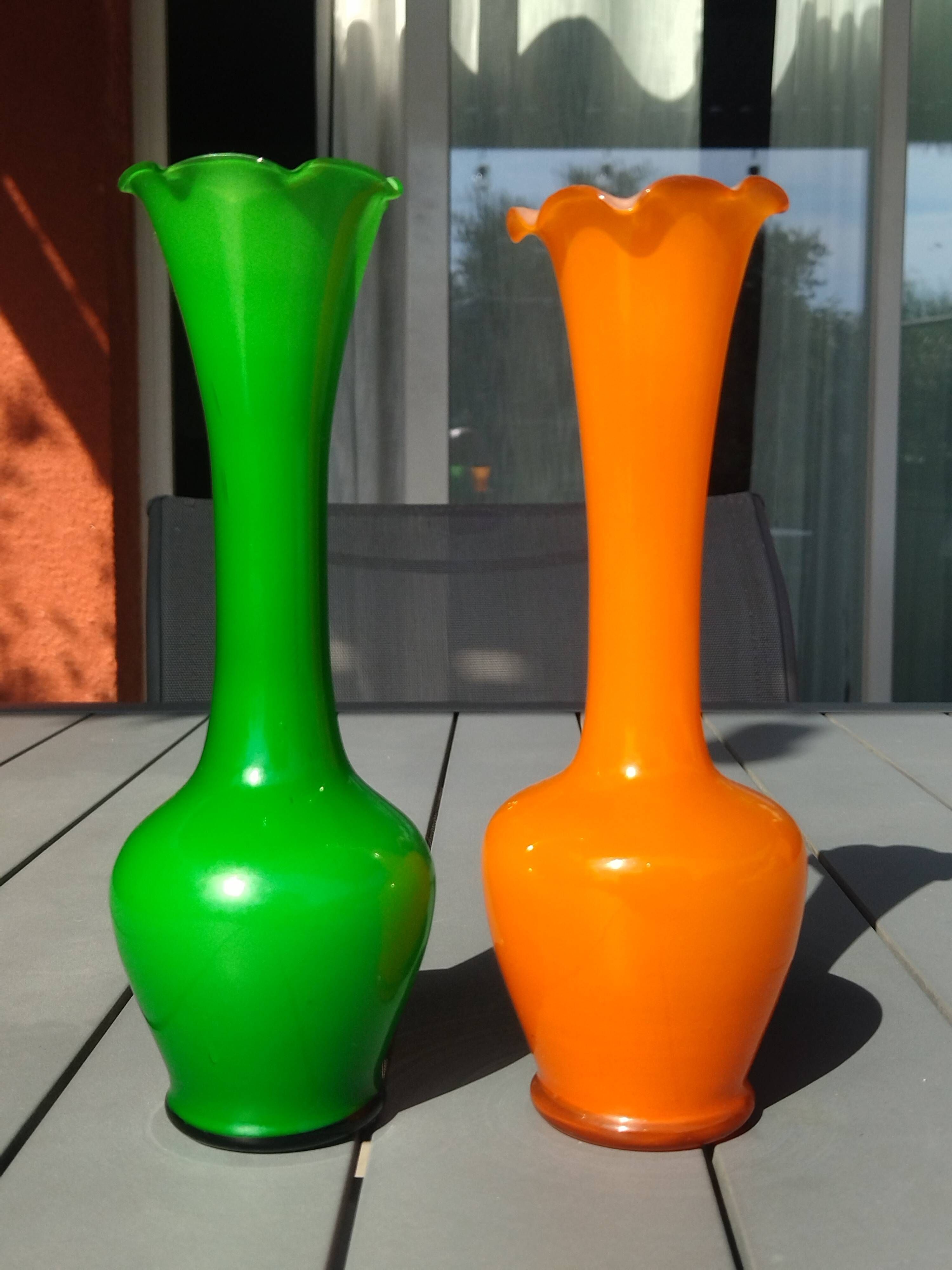 Pair of Vintage 70s Pop Art Opaline Vases – Green & Fluorescent Orange 20cm