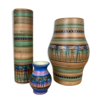 Trio vases Louis Bacculini and Michel Gorgeon, ceramics Vallauris 60s
