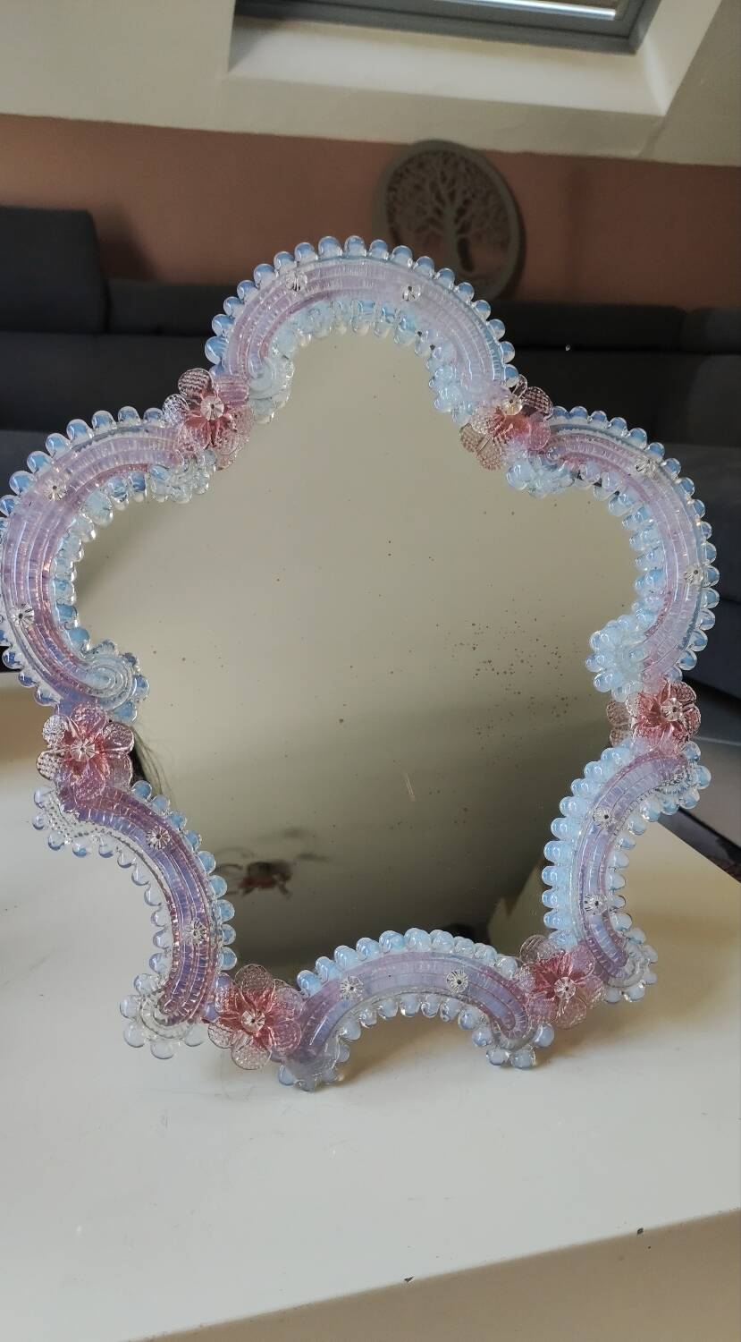 Iridescent blown glass mirror table/dressing table Murano. Floral patterns.