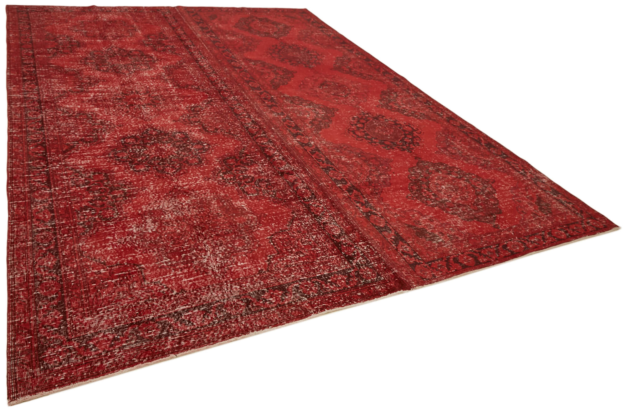 Hand-knotted persian overdyed 1970s 290 cm x 377 cm red wool carpet
